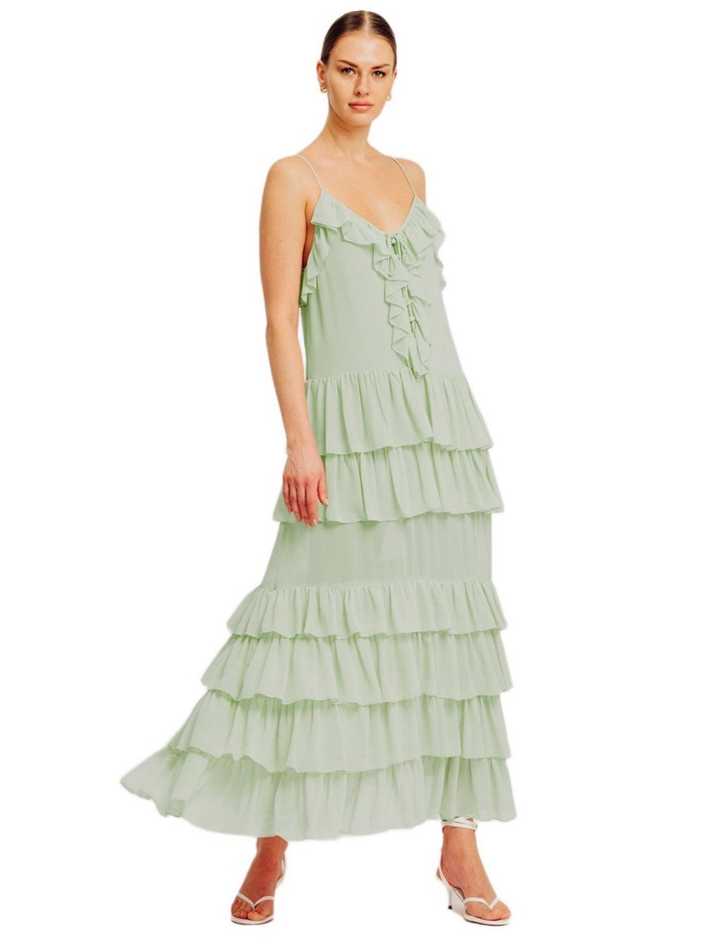 Torn by Ronny Kobo Orcadia Sage Ruffle Tiered Maxi Dress Sz XS new